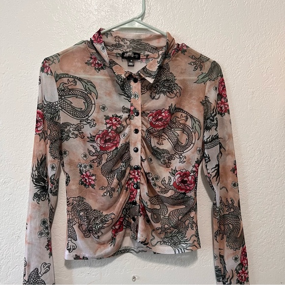 Pink and black dragon print mesh long sleeve button up - Picture 2 of 4